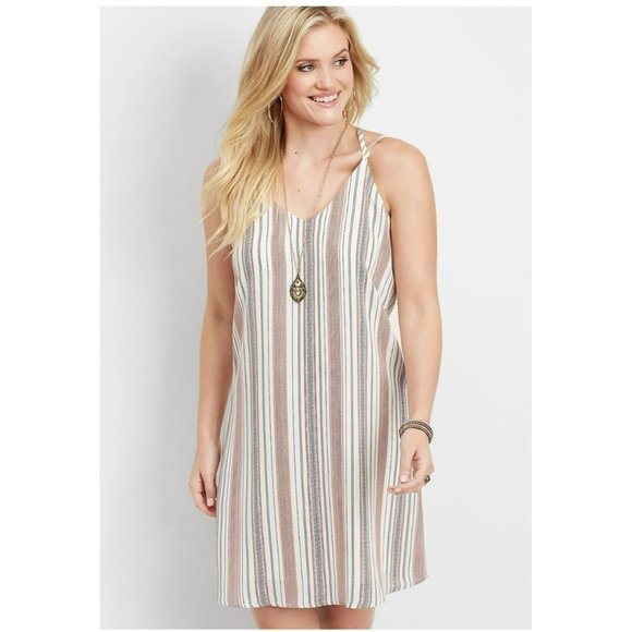 ✨Size M Women's Xhilaration BOHO Striped  Cris Cros Strap Mini Dress White Blue✨ - Picture 3 of 8